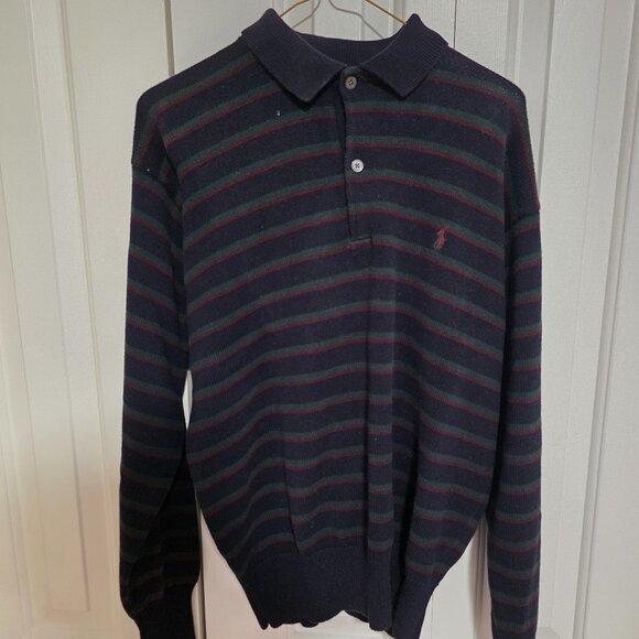 Polo Ralph Lauren Men's Medium Black/Red/Green Striped Long Sleeve Polo - Picture 1 of 4